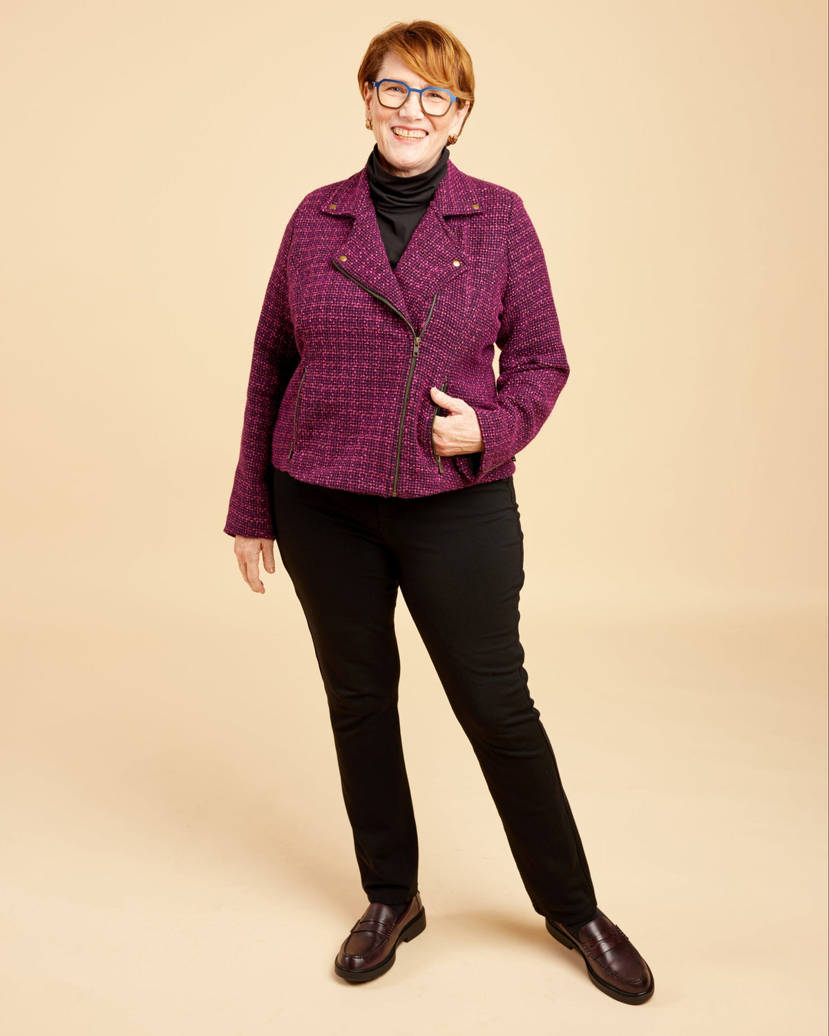 Cashmerette Canton Moto Jacket PDF sewing pattern, woman wearing a purple jacket and black pants
