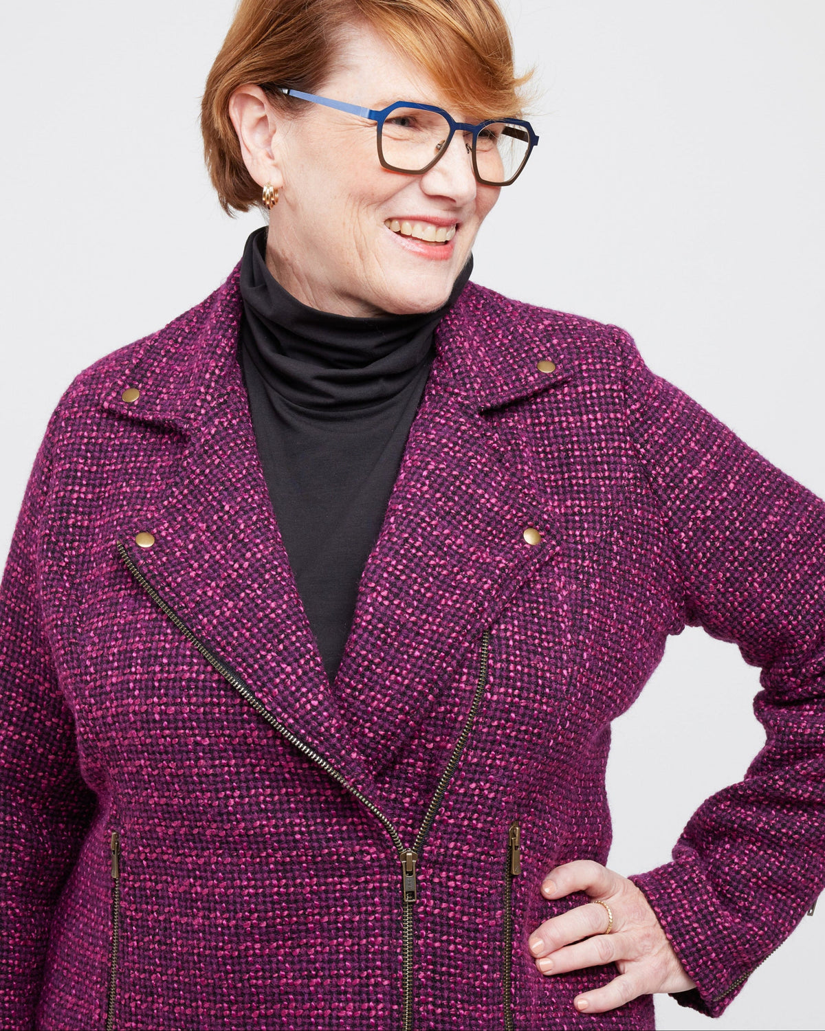 Cashmerette Canton Moto Jacket PDF sewing pattern, woman wearing a purple coat