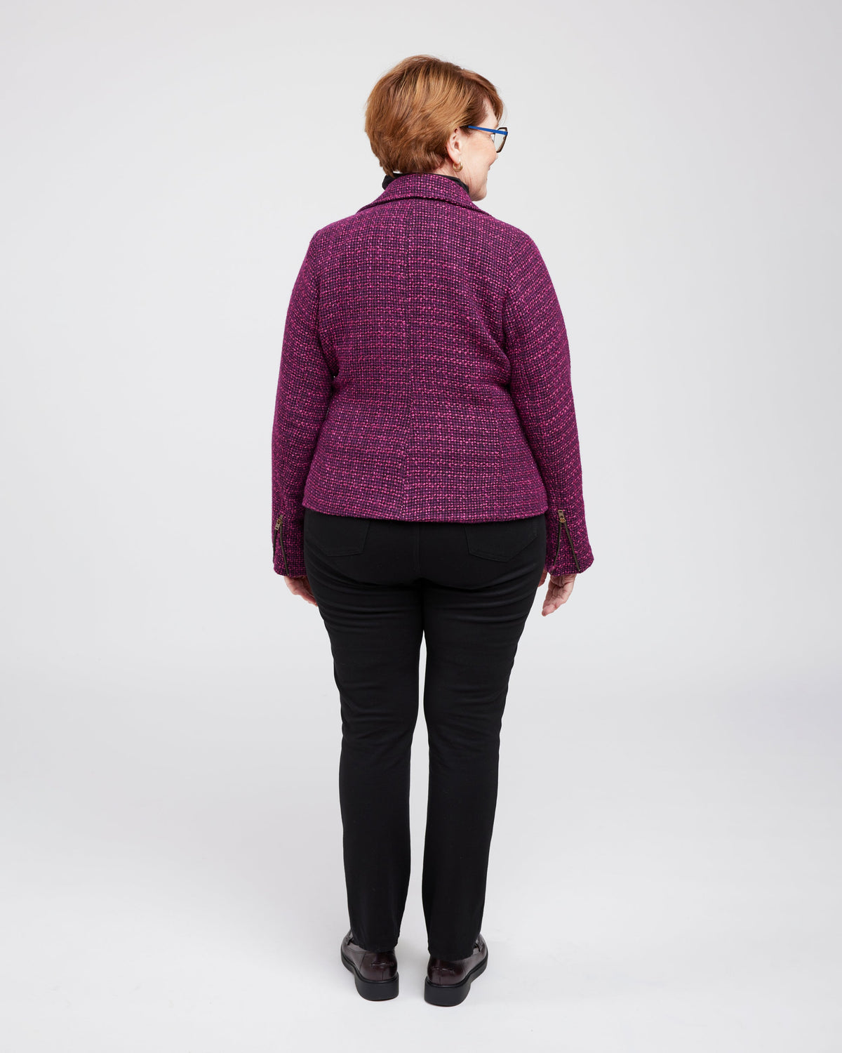 Cashmerette Canton Moto Jacket PDF sewing pattern, person wearing a purple quilted jacket
