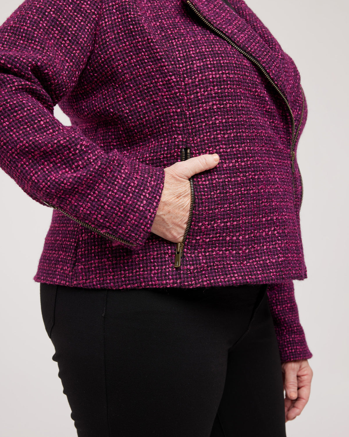Cashmerette Canton Moto Jacket PDF sewing pattern, person wearing a purple textured jacket