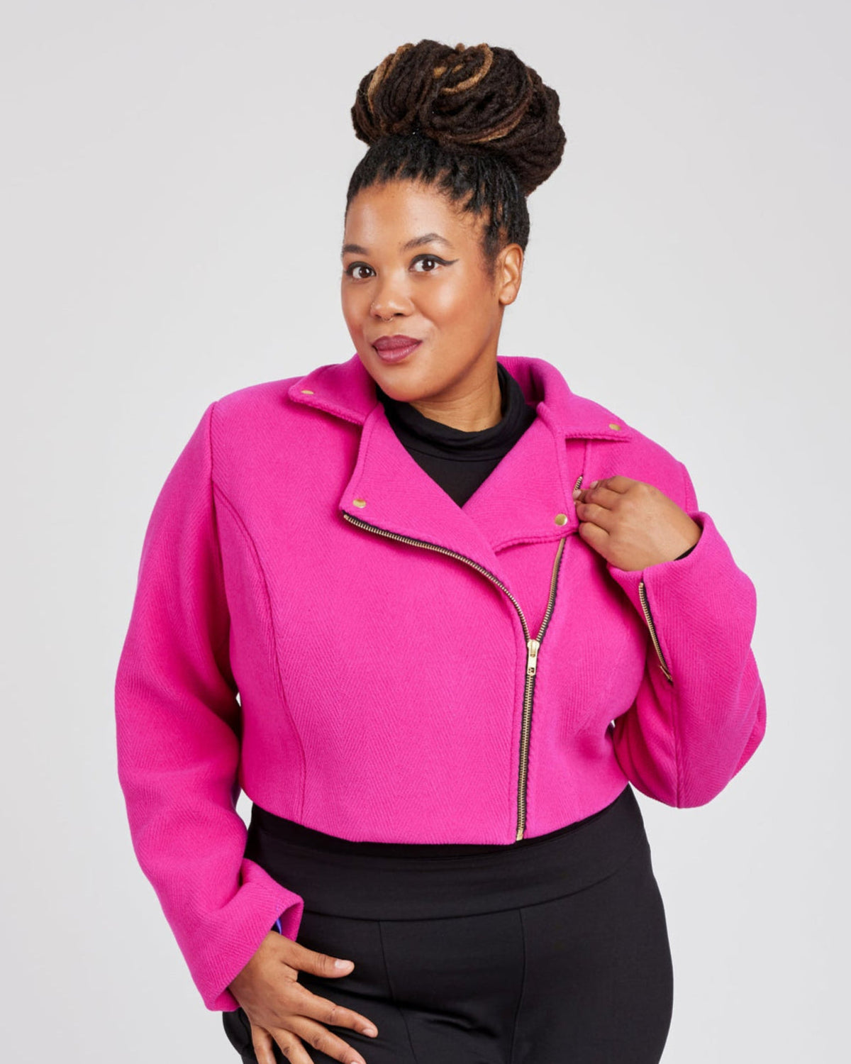 Cashmerette Canton Moto Jacket PDF sewing pattern, woman wearing a bright pink jacket