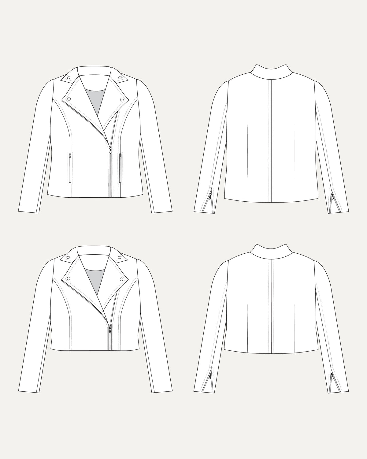 Cashmerette Canton Moto Jacket PDF sewing pattern, line drawing of a jacket from multiple angles