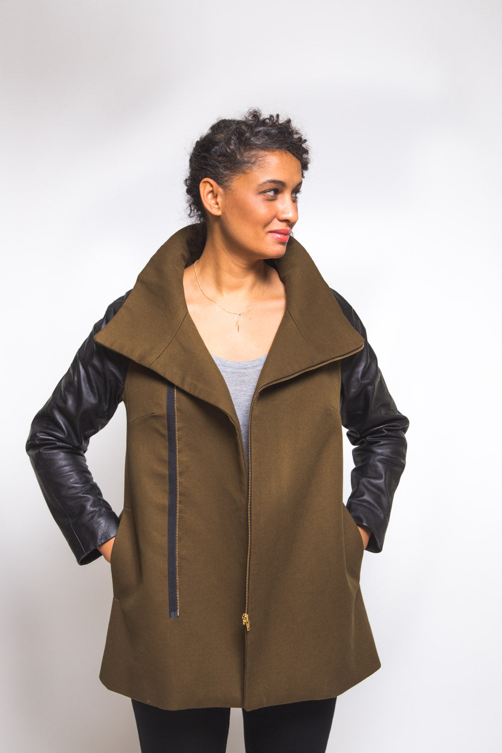 Olive coat with black sleeves sewn from the Closet Core Clare Coat sewing pattern