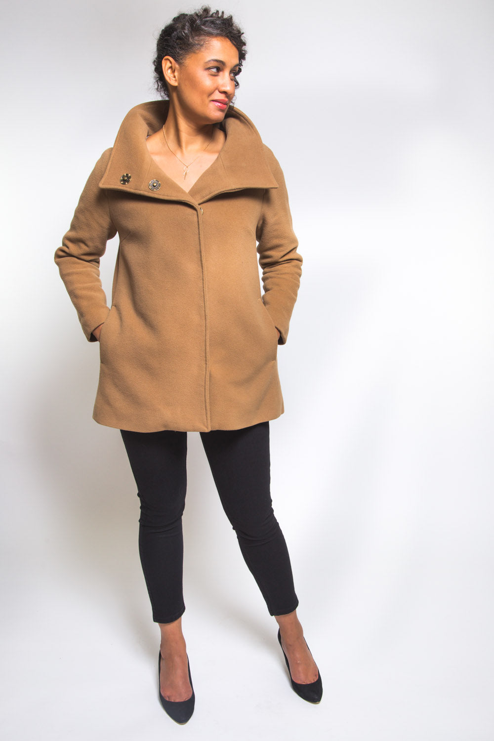 Camel wool coat made with the Closet Core Clare Coat sewing pattern, front view