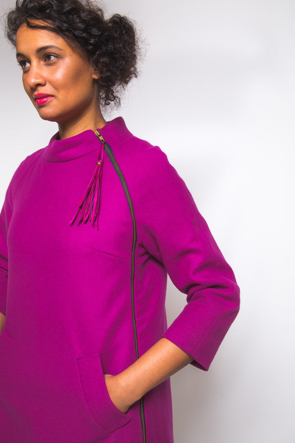 Close-up of the oversized collar on a magenta Closet Core Clare Coat sewing pattern sample