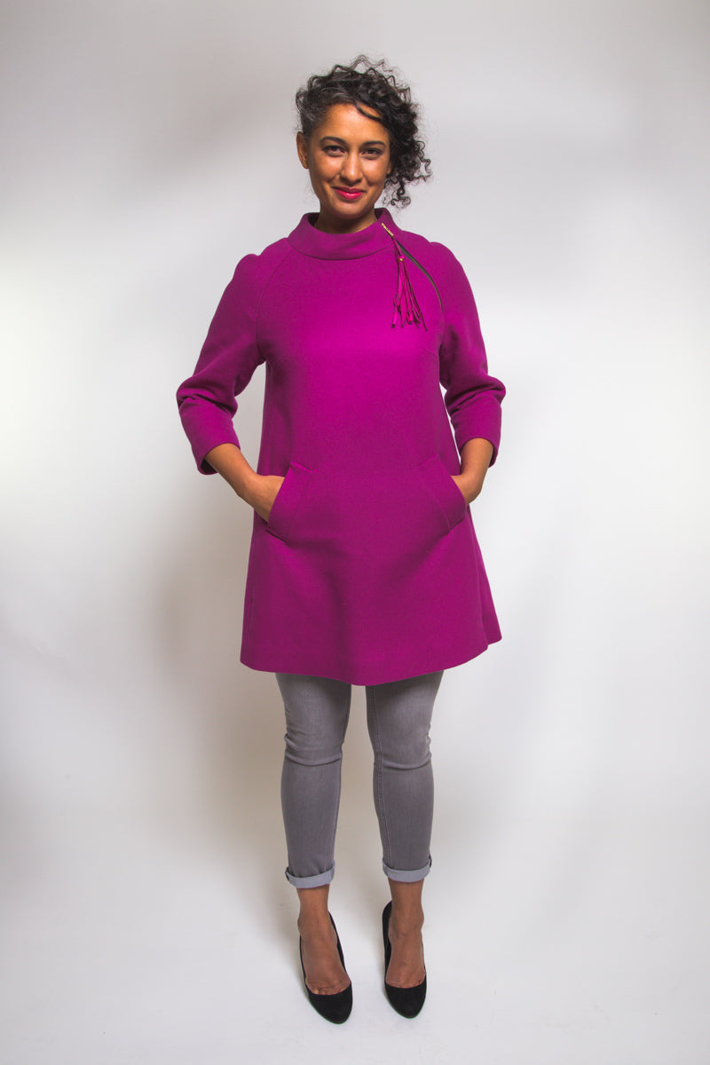 Magenta coat from the Closet Core Clare Coat sewing pattern worn open over jeans