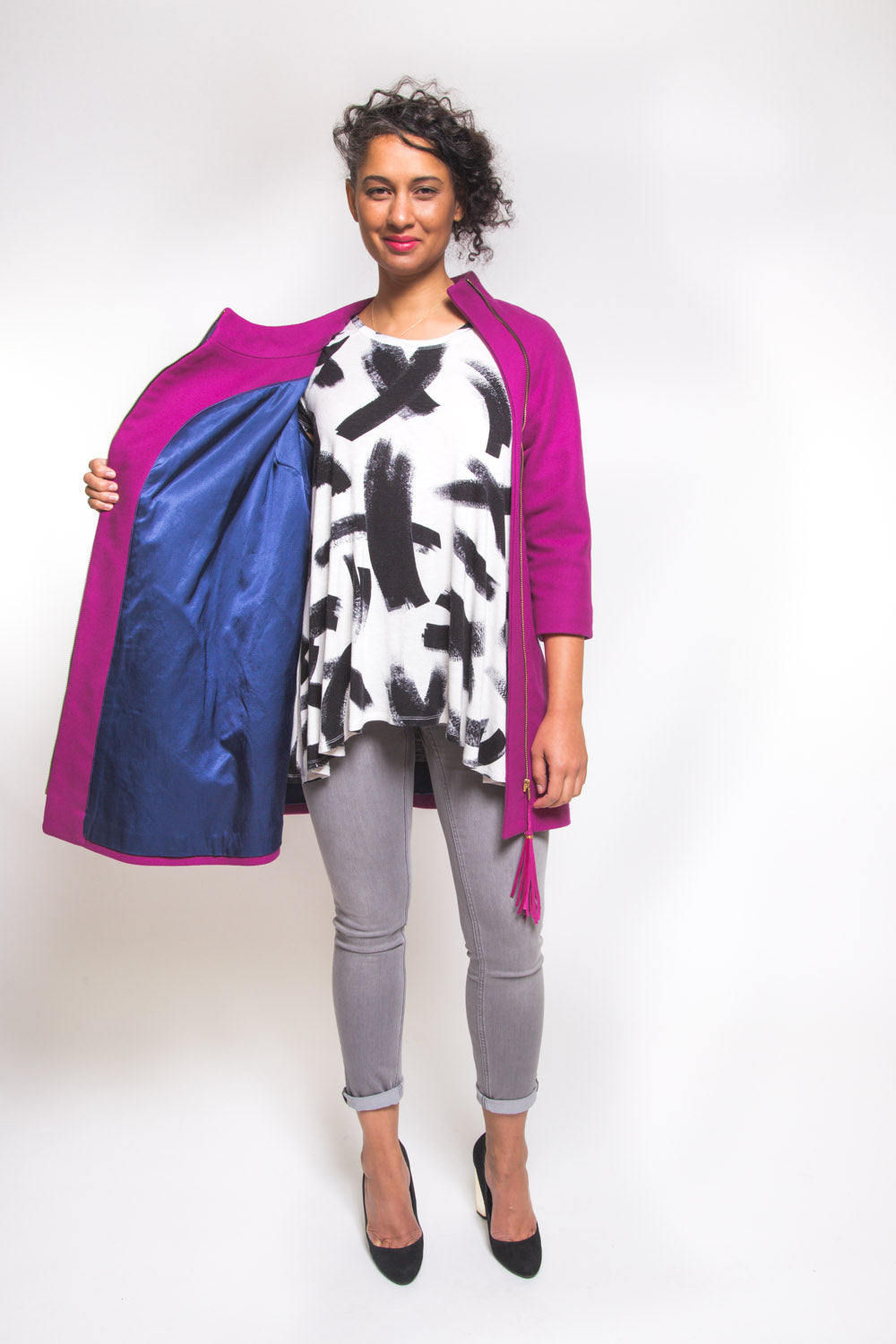 Magenta coat held open to show the lining, Closet Core Clare Coat sewing pattern