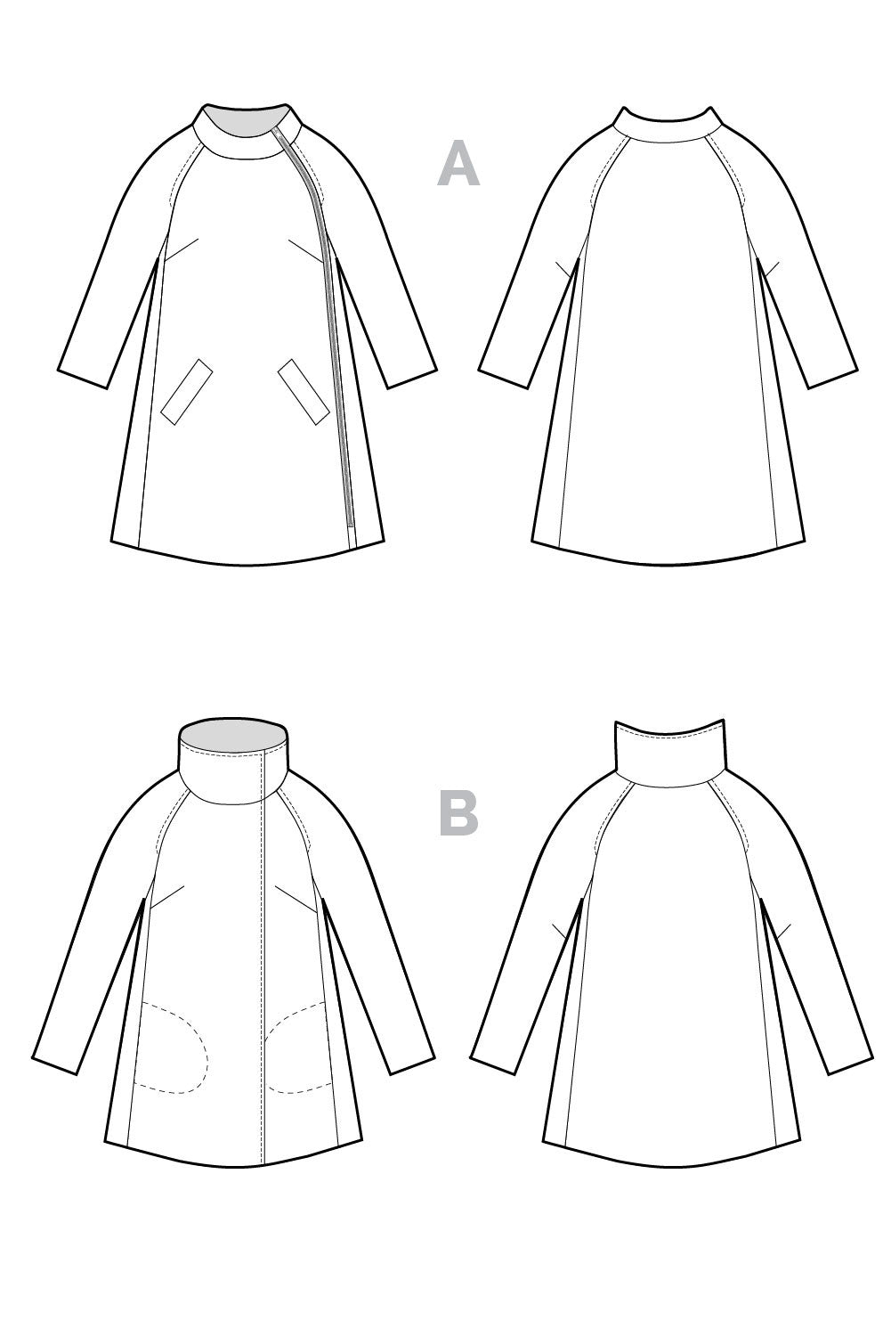 Closet Core Clare Coat sewing pattern line drawings of the coat views, front and back