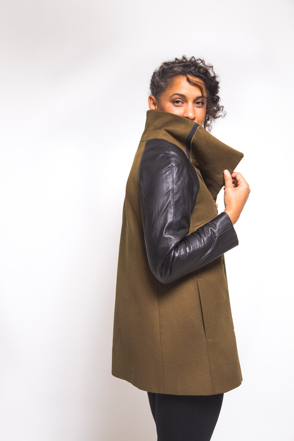 Back view of an olive coat sewn from the Closet Core Clare Coat sewing pattern