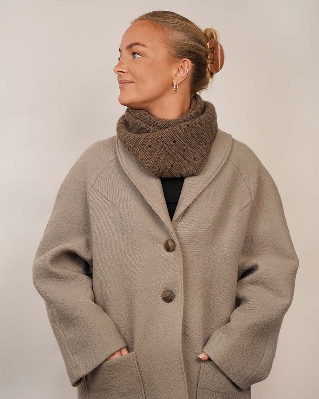 Wardrobe By Me Cocoon Coat PDF sewing pattern, model in a camel coat with a hat