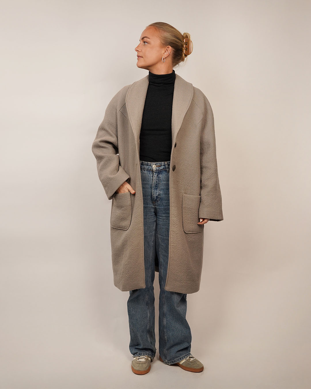 Wardrobe By Me Cocoon Coat PDF sewing pattern, model in a tan coat, front view