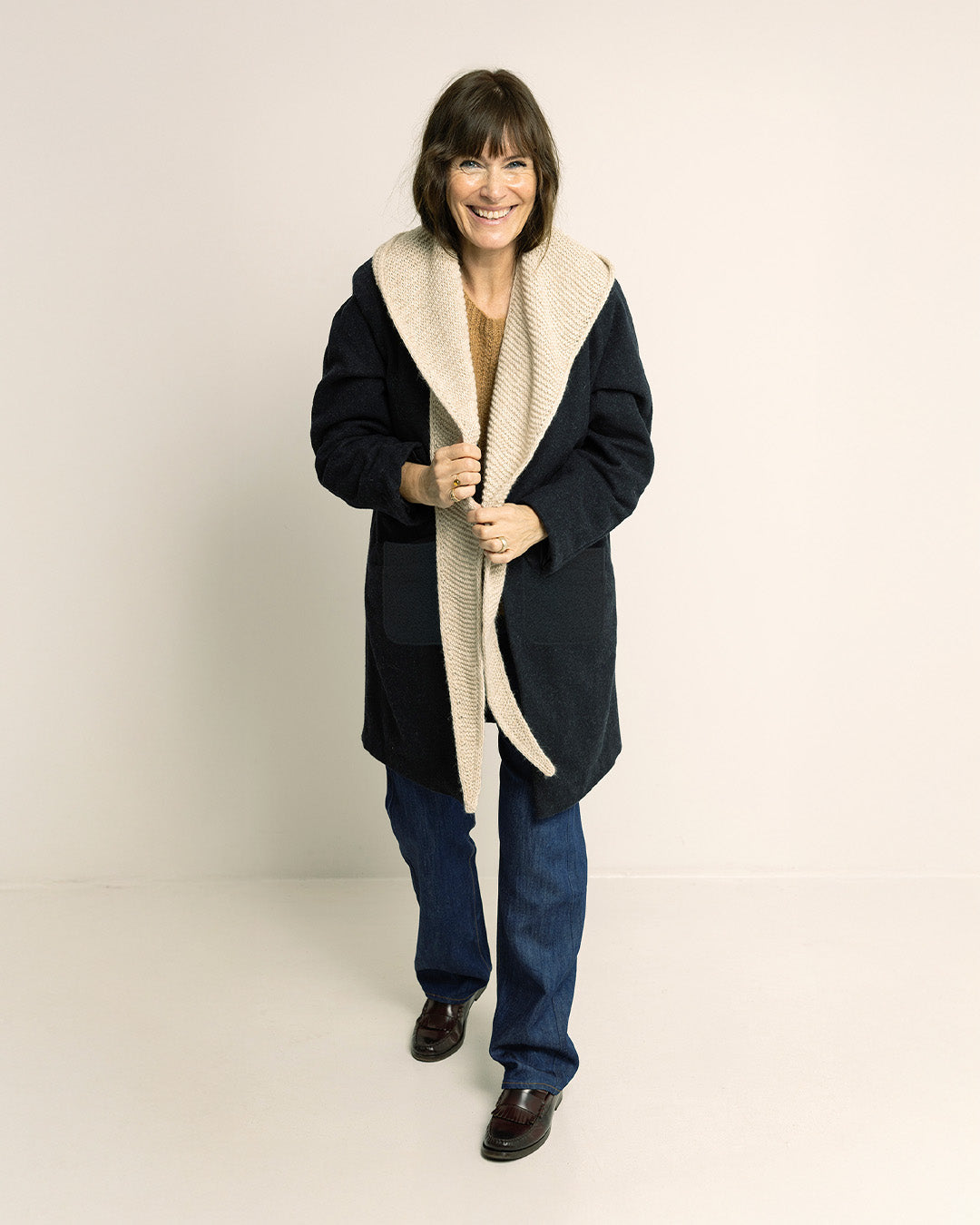 Wardrobe By Me Cocoon Coat PDF sewing pattern, tan coat walking