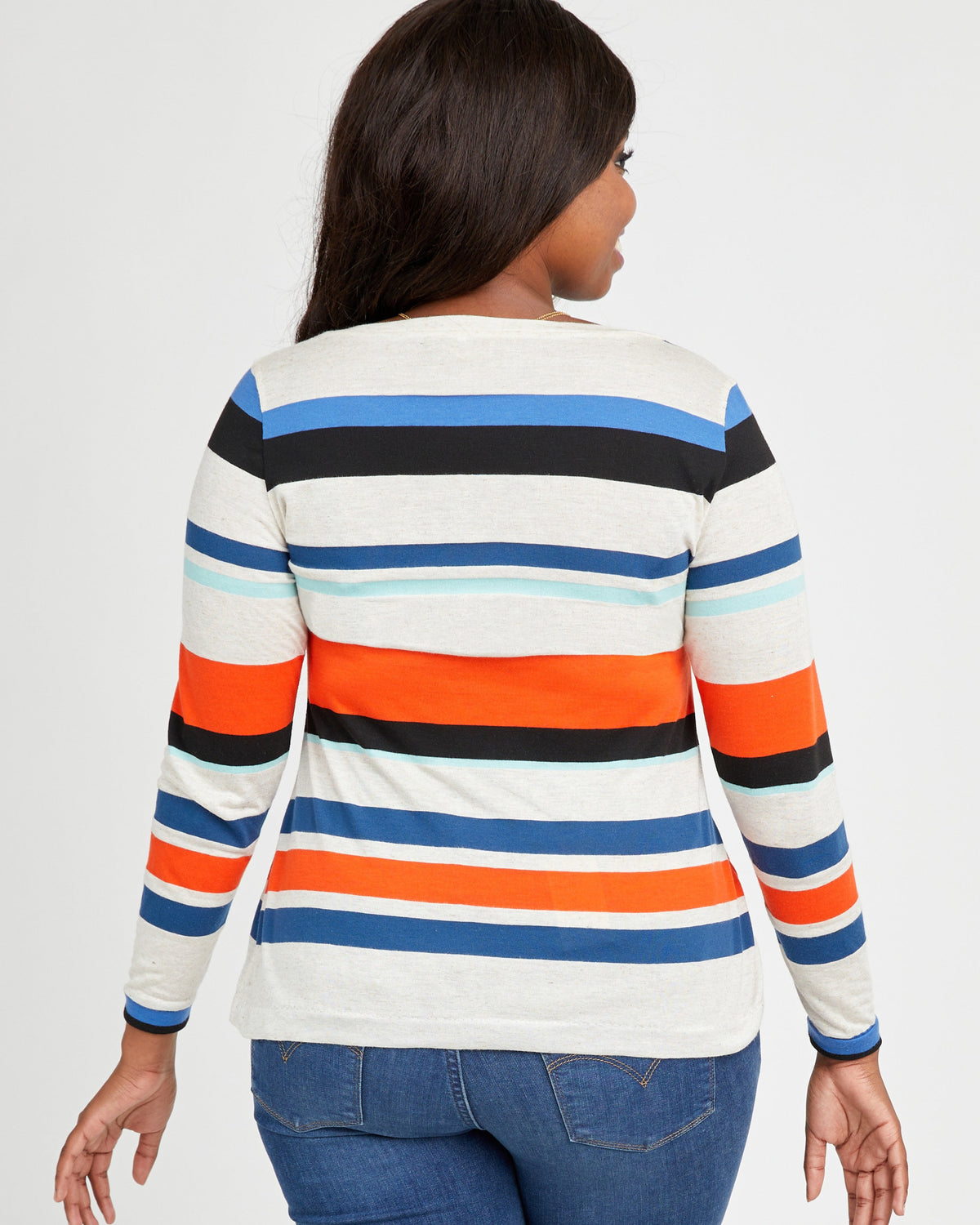 Cashmerette Concord T-Shirt PDF sewing pattern, woman wearing a striped long-sleeve shirt