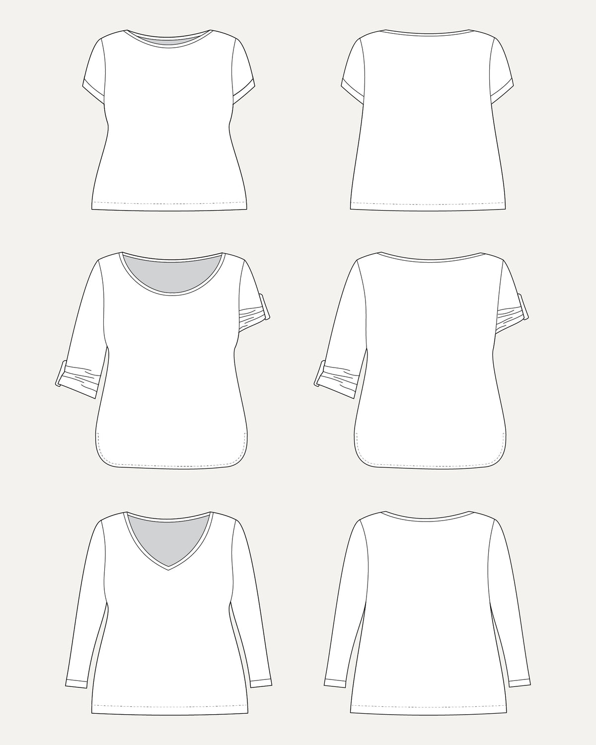 Cashmerette Concord T-Shirt PDF sewing pattern, line art of various t-shirt designs