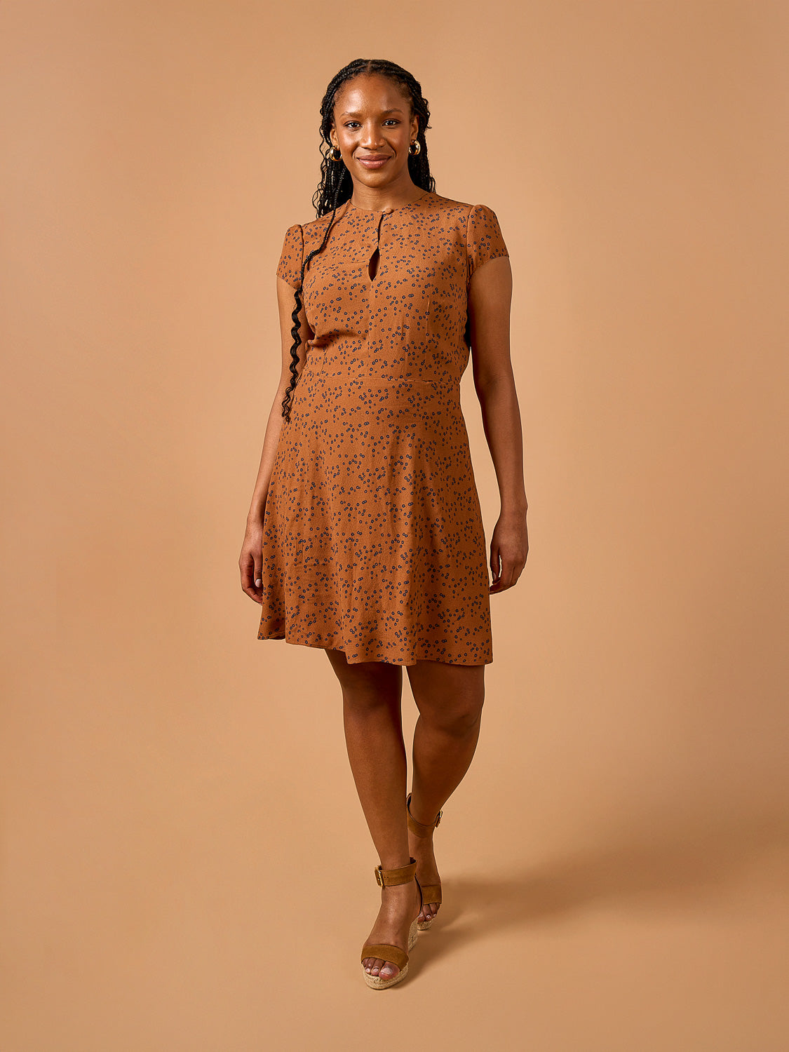 Deer & Doe Eleanor Dress sewing pattern, brown midi dress full length