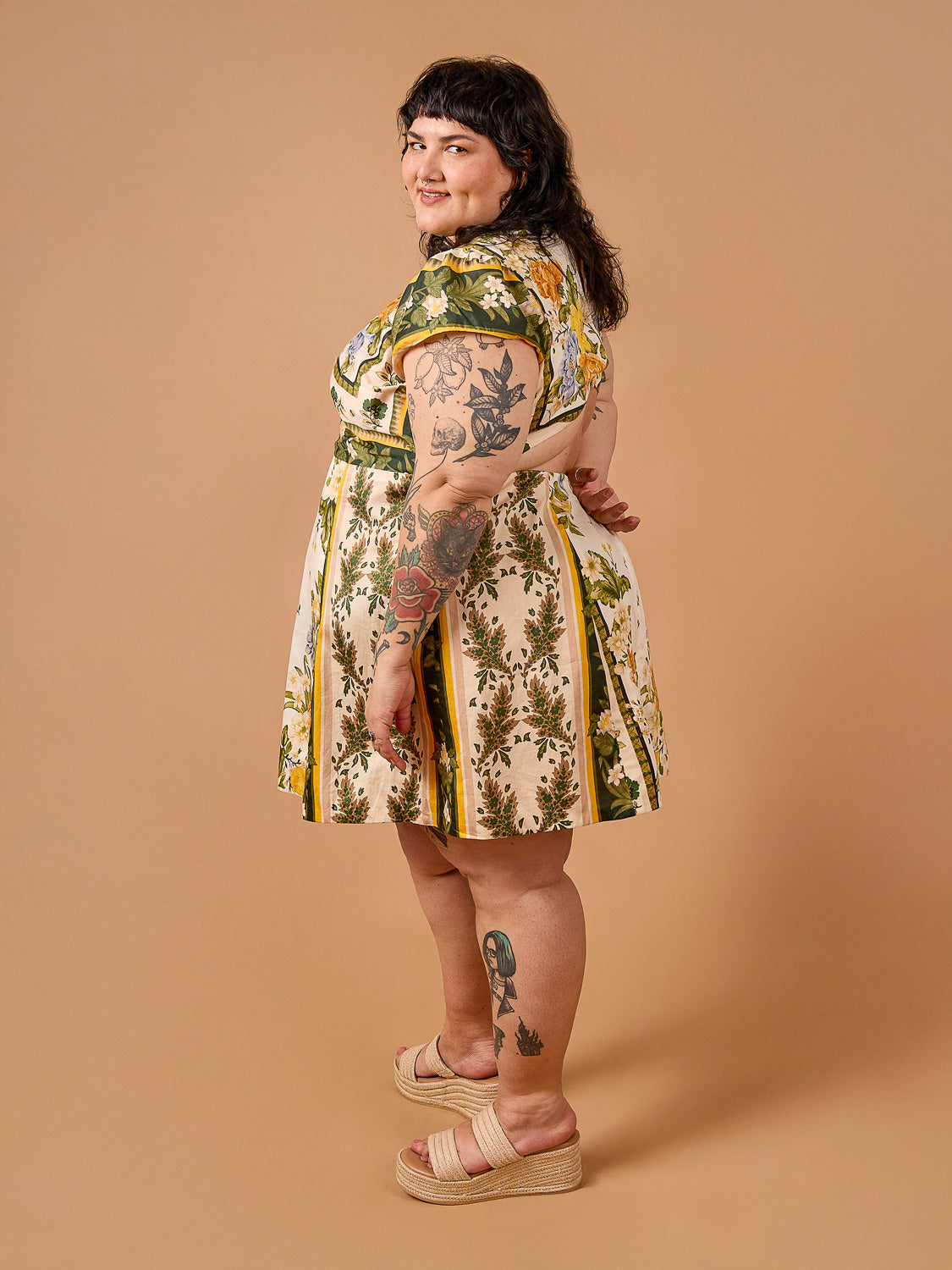 Deer & Doe Eleanor Dress sewing pattern, yellow floral dress front view
