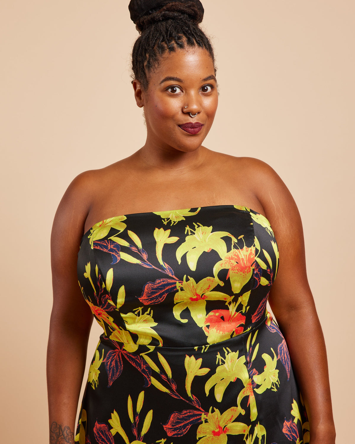 Cashmerette Ellington Dress PDF sewing pattern, woman wearing a strapless dress with a floral pattern