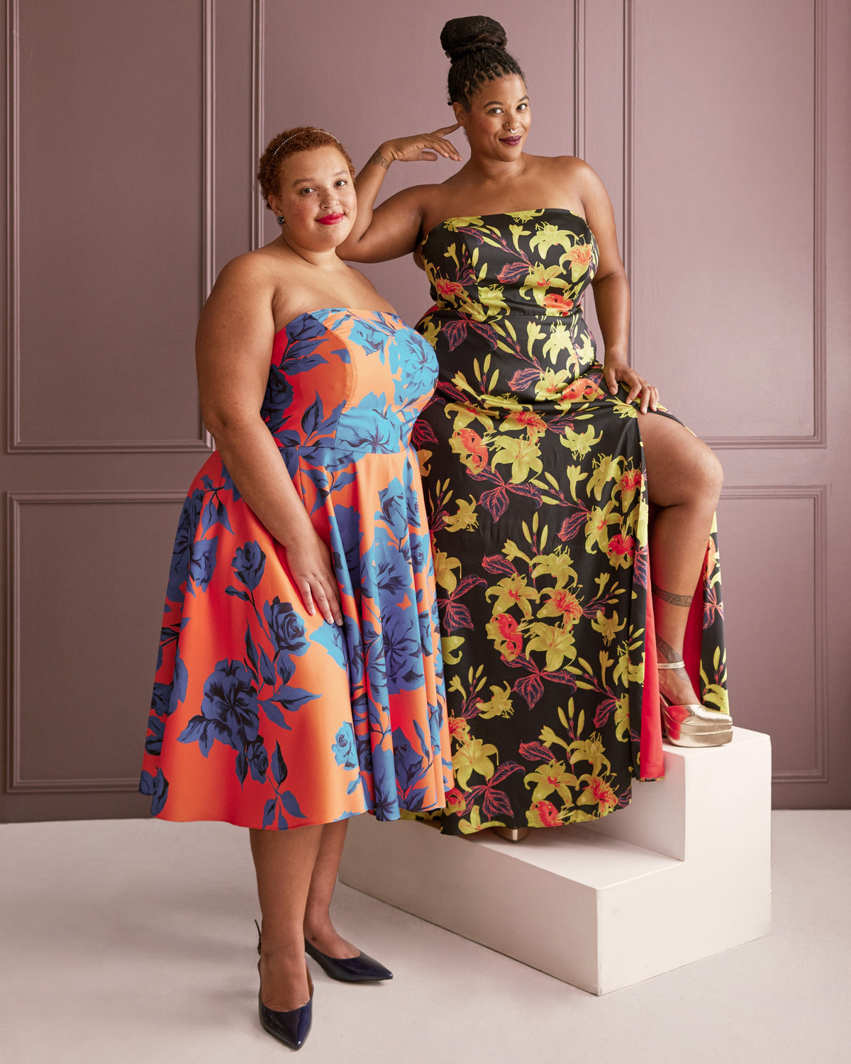 Cashmerette Ellington Dress PDF sewing pattern, two women wearing floral strapless dresses