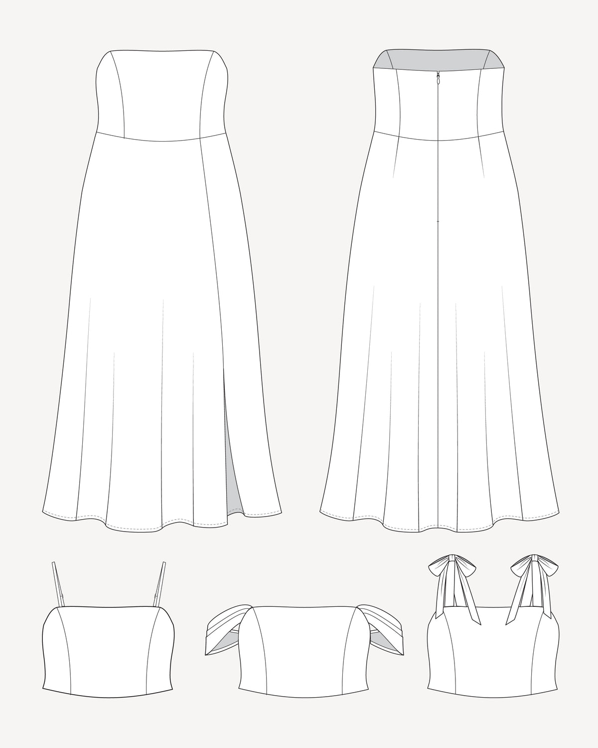 Cashmerette Ellington Dress PDF sewing pattern, line drawings of various strapless dresses