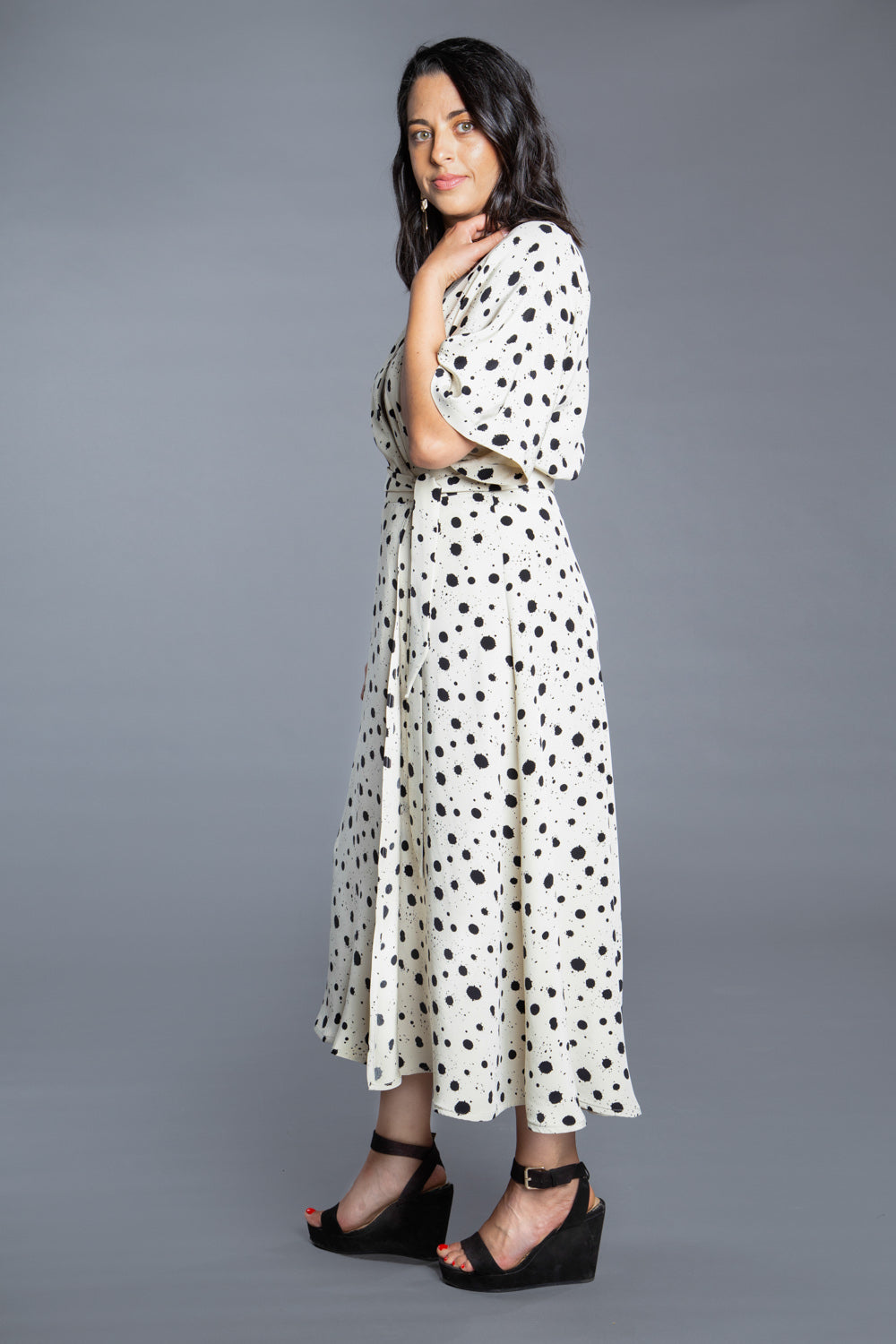 Side view of a printed maxi wrap dress from the Closet Core Elodie Wrap Dress PDF sewing pattern