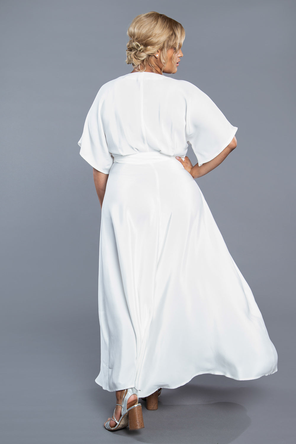 Back view of a white wrap dress sewn from the Closet Core Elodie Wrap Dress PDF sewing pattern