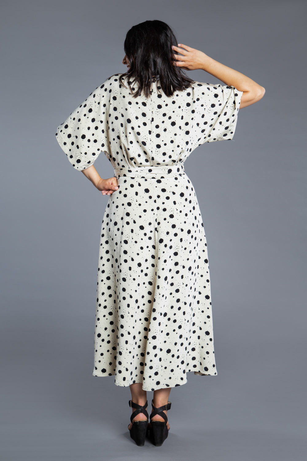 Back view of a print wrap dress sewn from the Closet Core Elodie Wrap Dress PDF sewing pattern