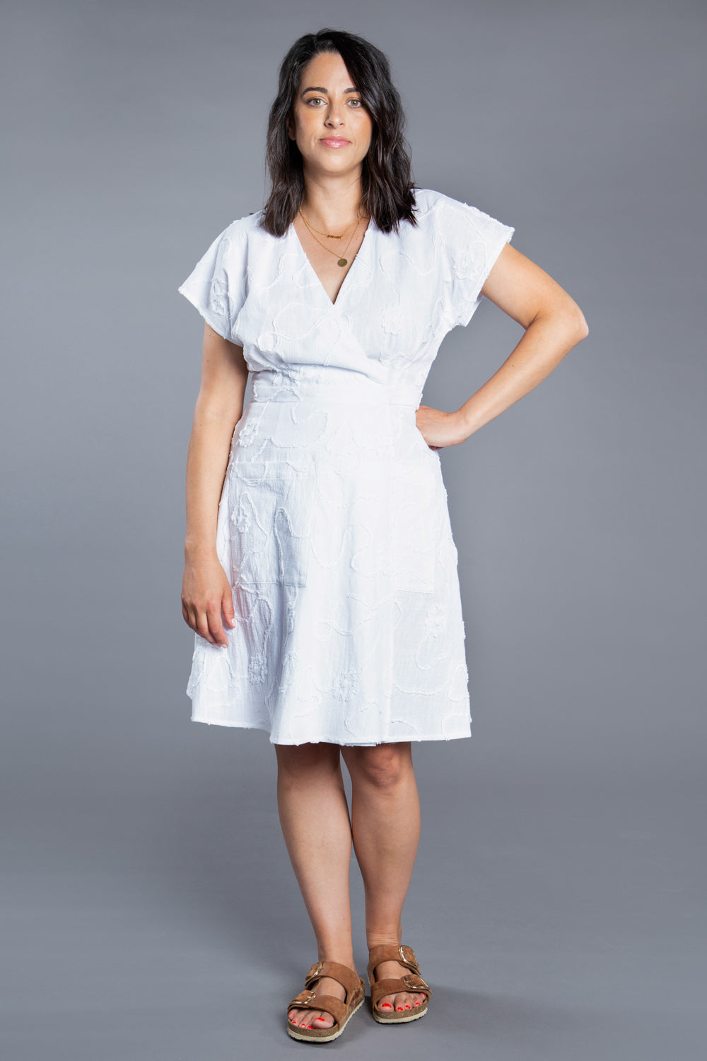 White short sleeve wrap dress sewn from the Closet Core Elodie Wrap Dress PDF sewing pattern
