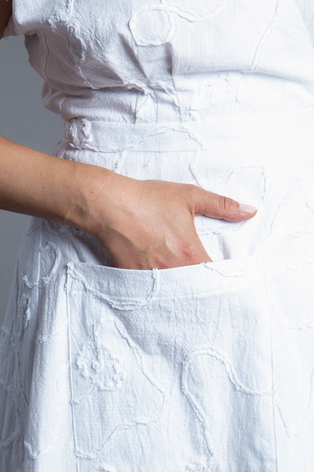 Close-up of the pocket on a white dress made with the Closet Core Elodie Wrap Dress PDF sewing pattern