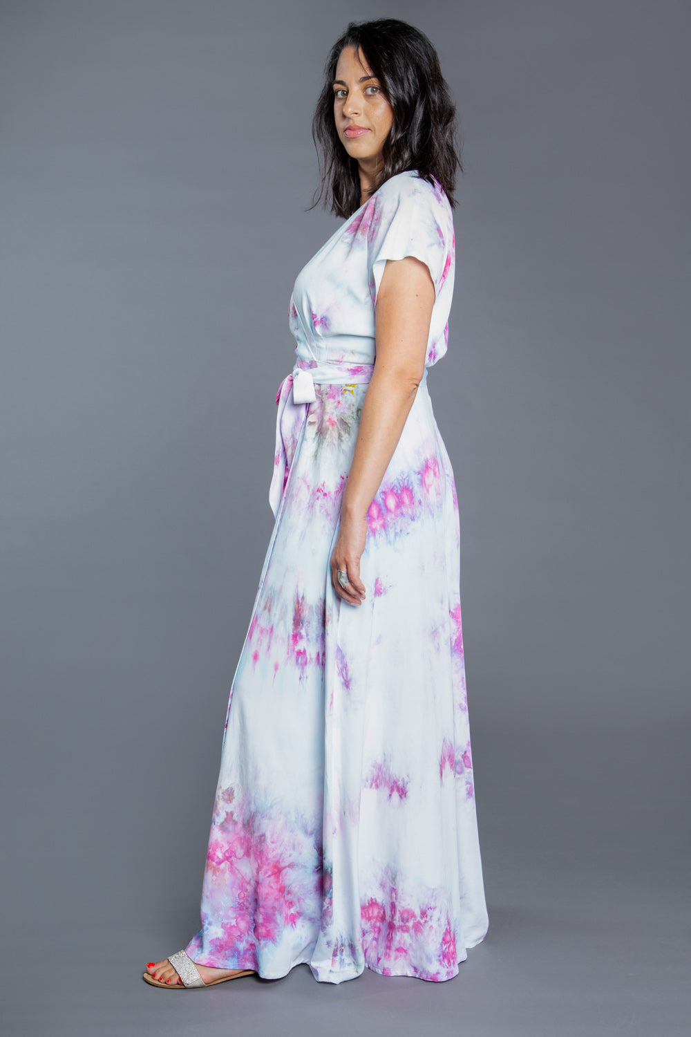 Side view of a tie dye wrap dress made with the Closet Core Elodie Wrap Dress PDF sewing pattern