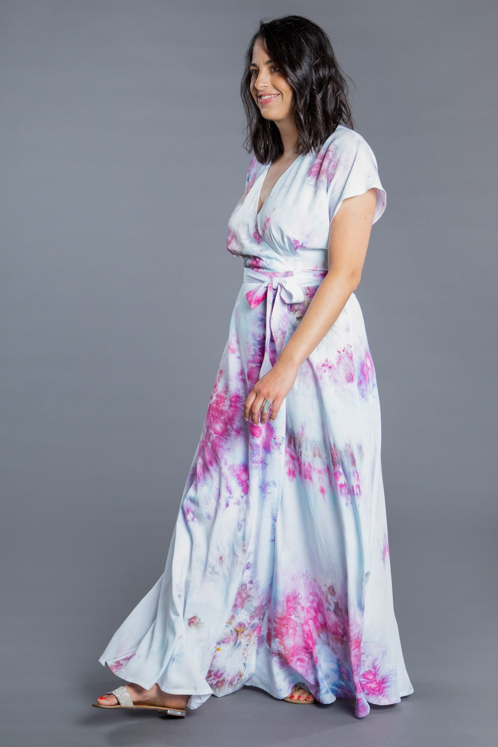 Back view of a pink tie dye maxi dress from the Closet Core Elodie Wrap Dress PDF sewing pattern