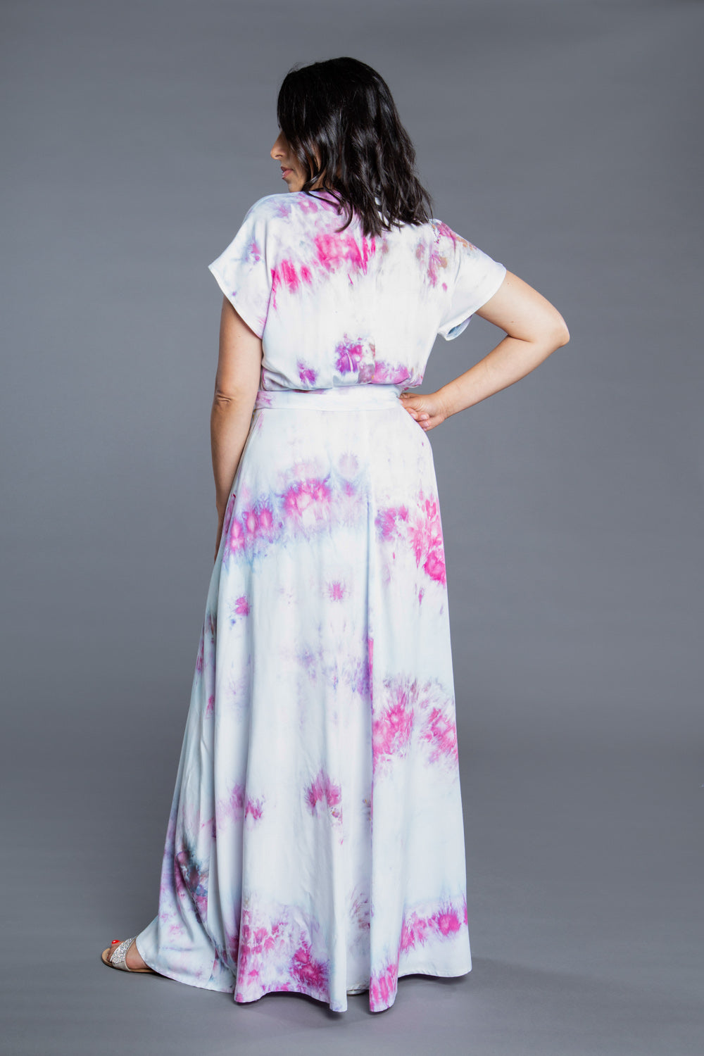 Tie dye wrap dress from the Closet Core Elodie Wrap Dress PDF sewing pattern, three quarter view