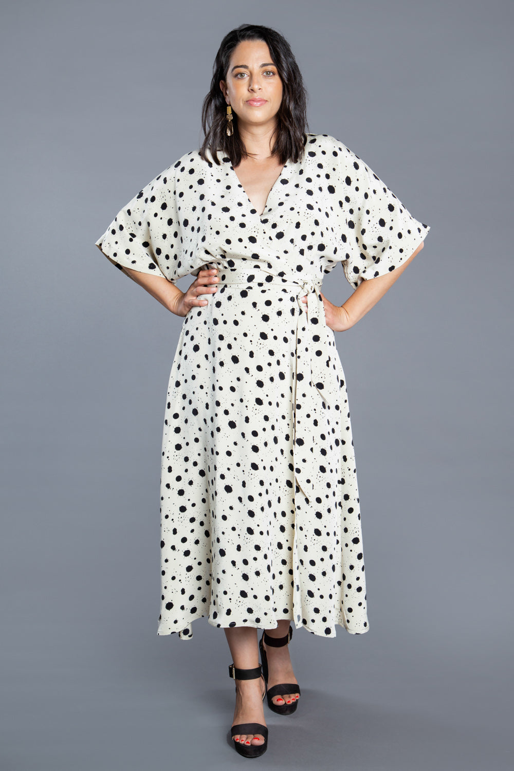 Polka dot print wrap dress made with the Closet Core Elodie Wrap Dress PDF sewing pattern, front view