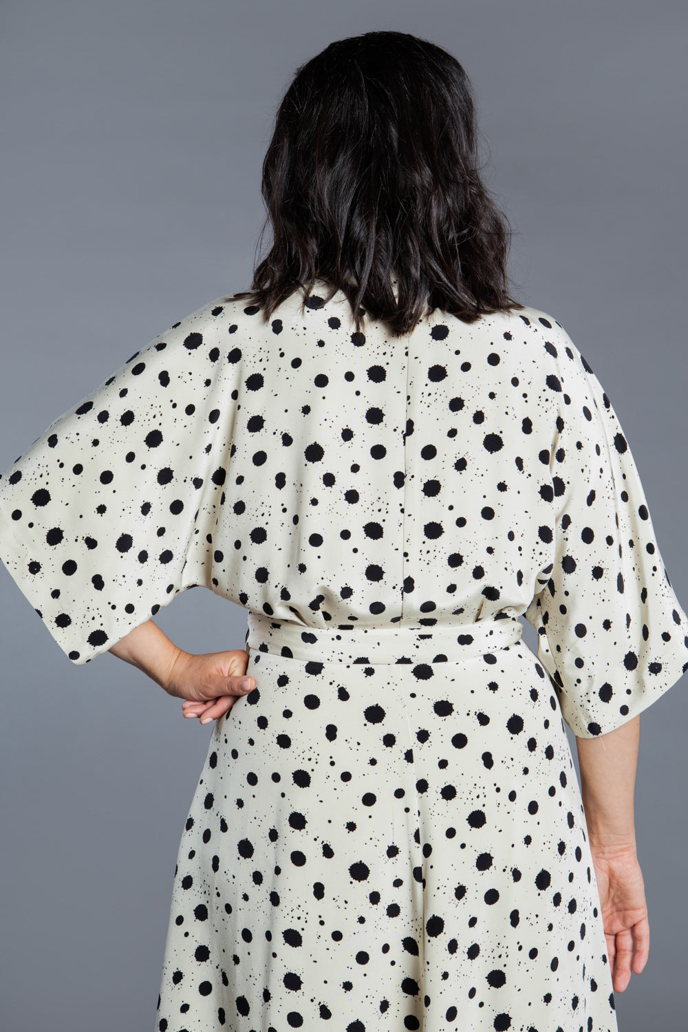 Back bodice detail on a polka dot dress made with the Closet Core Elodie Wrap Dress PDF sewing pattern