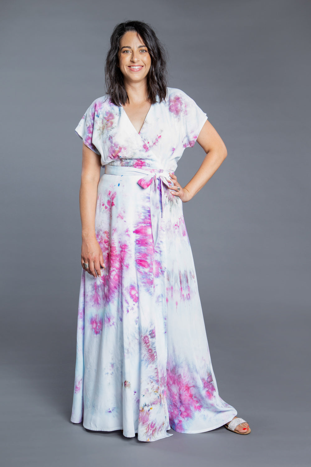 Pink tie dye maxi wrap dress sewn from the Closet Core Elodie Wrap Dress PDF sewing pattern