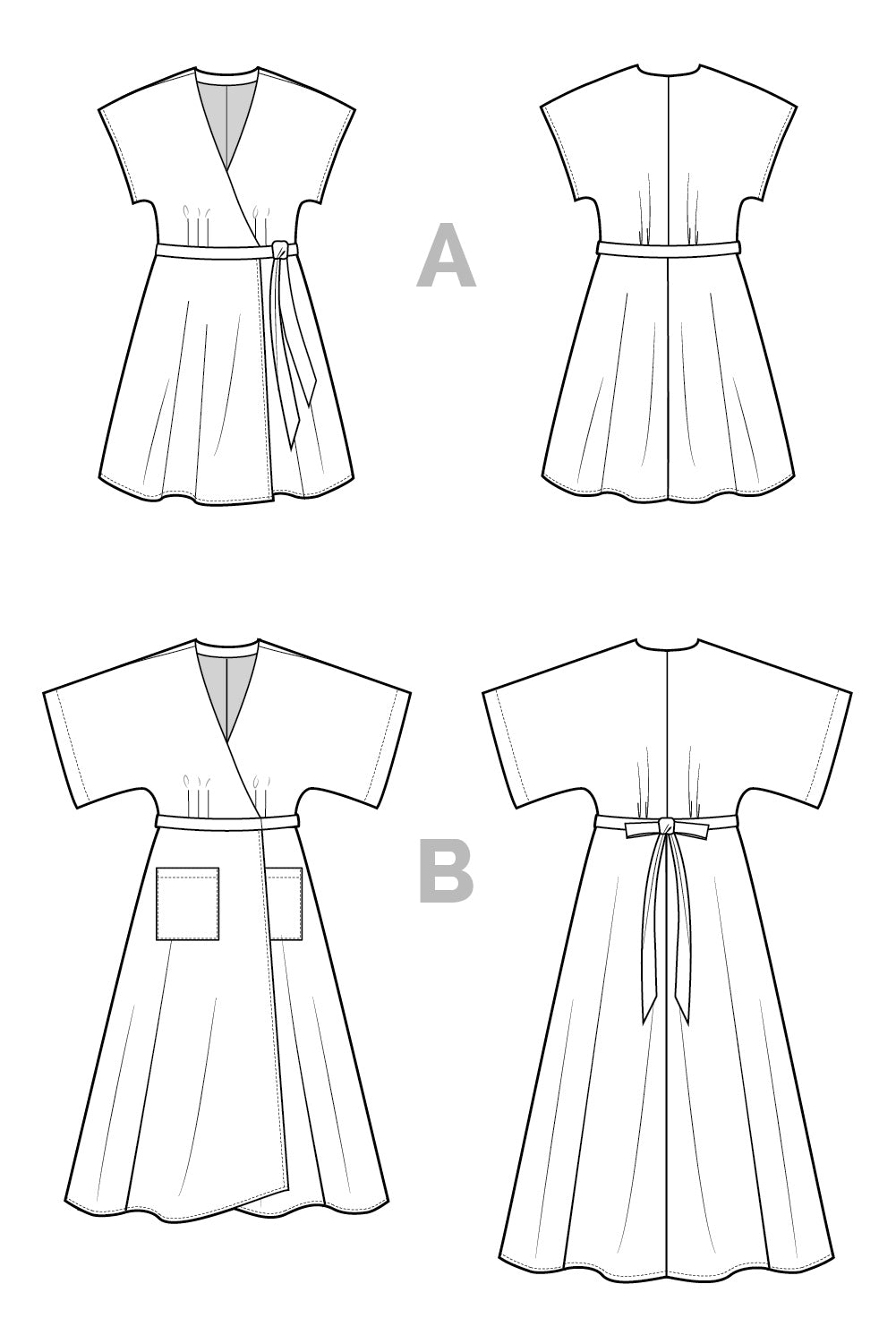 Closet Core Elodie Wrap Dress PDF sewing pattern line drawings of the dress and top views