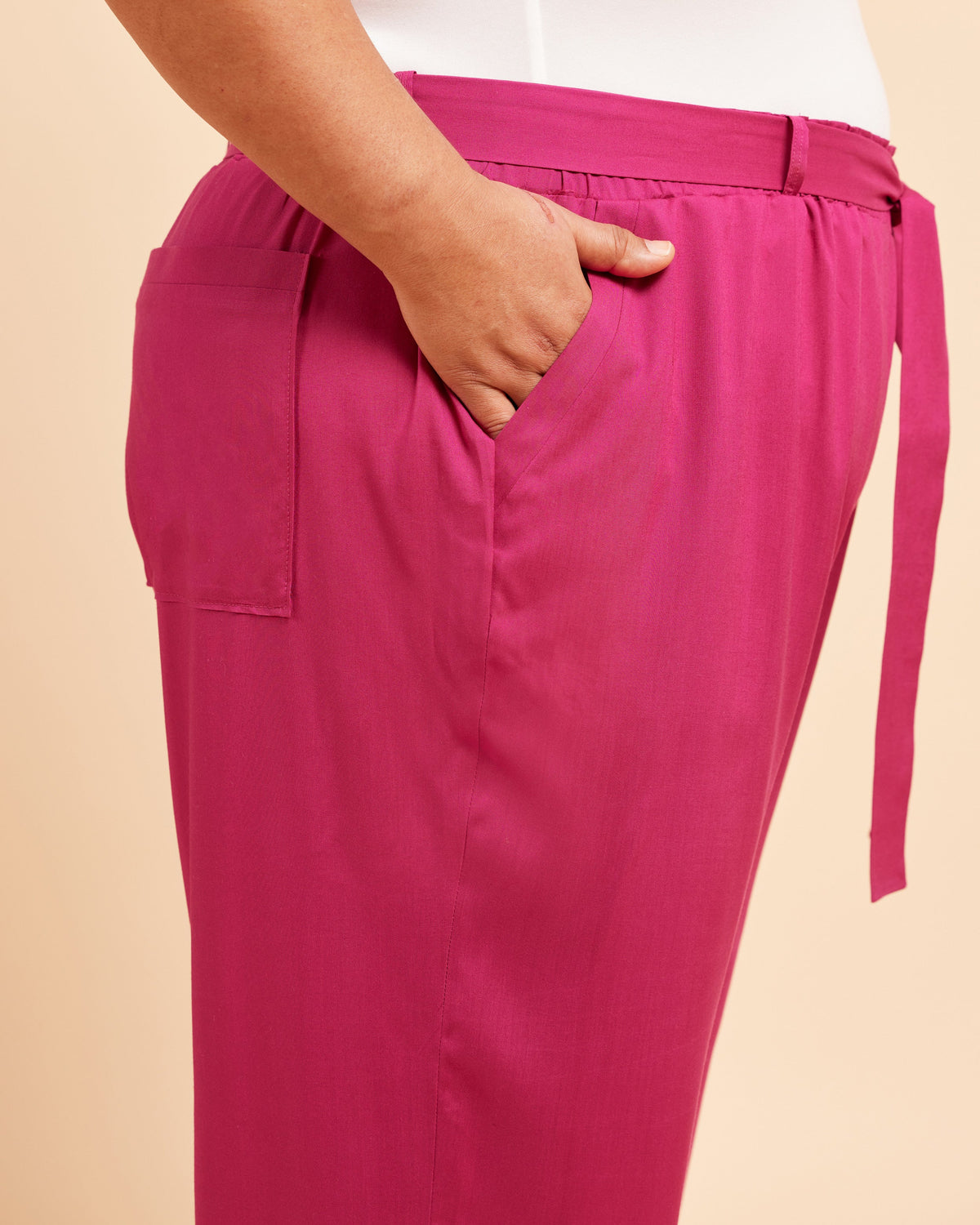 Cashmerette Everett Pants and Shorts PDF sewing pattern, pink pants with a belt