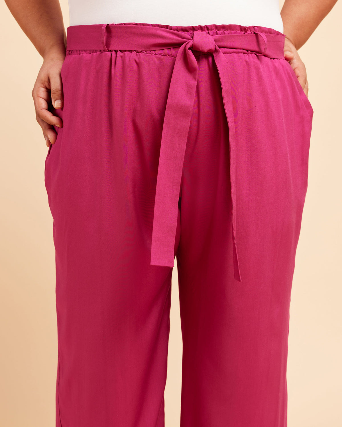Cashmerette Everett Pants and Shorts PDF sewing pattern, pink pants with a tie waist