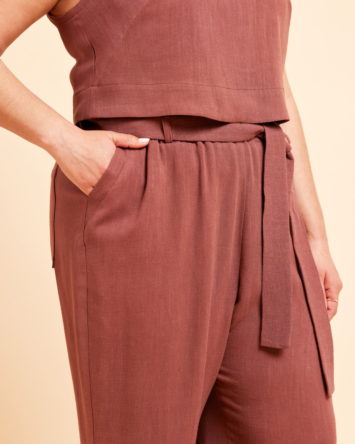 Cashmerette Everett Pants and Shorts PDF sewing pattern, brown sleeveless top and pants set
