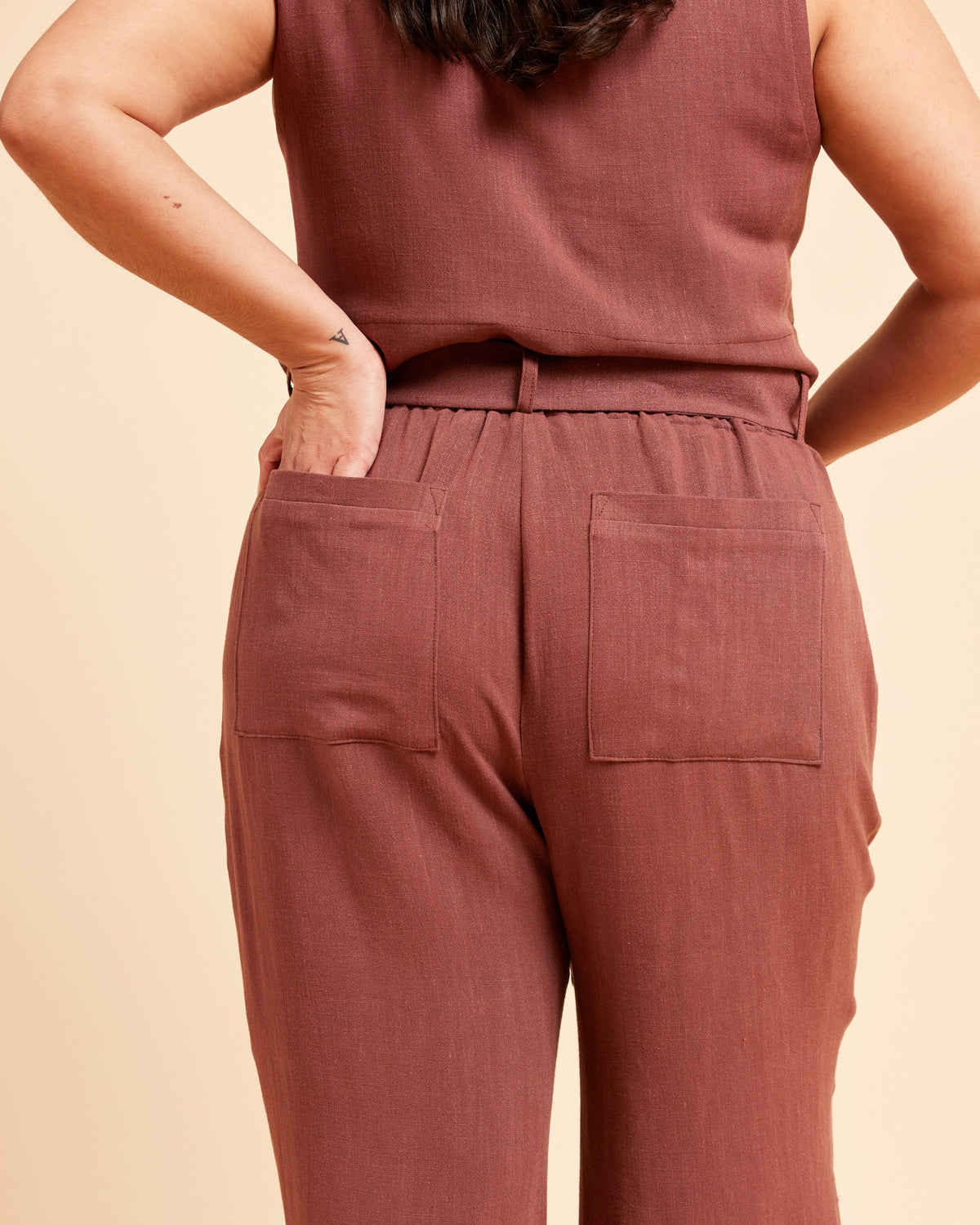 Cashmerette Everett Pants and Shorts PDF sewing pattern, person wearing a matching brown top and pants