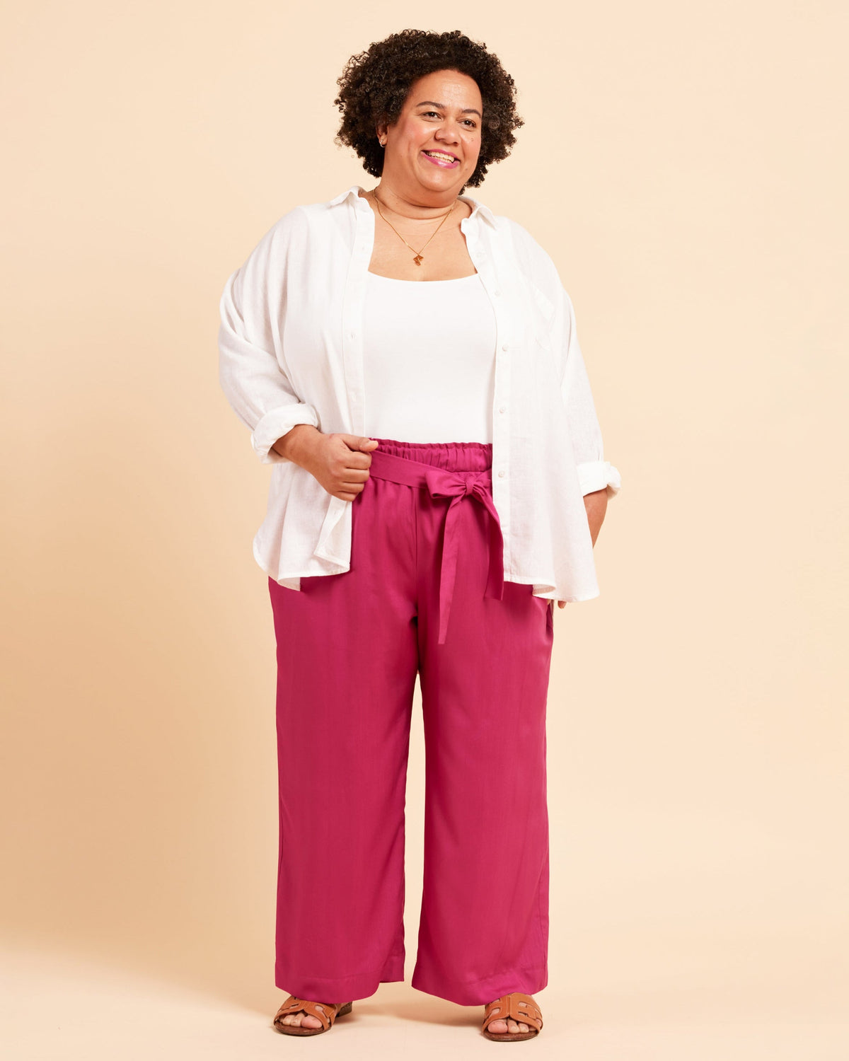 Cashmerette Everett Pants and Shorts PDF sewing pattern, woman wearing a white top and pink pants