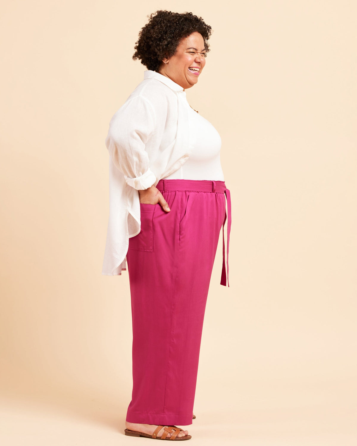 Cashmerette Everett Pants and Shorts PDF sewing pattern, woman wearing a white blouse and pink pants