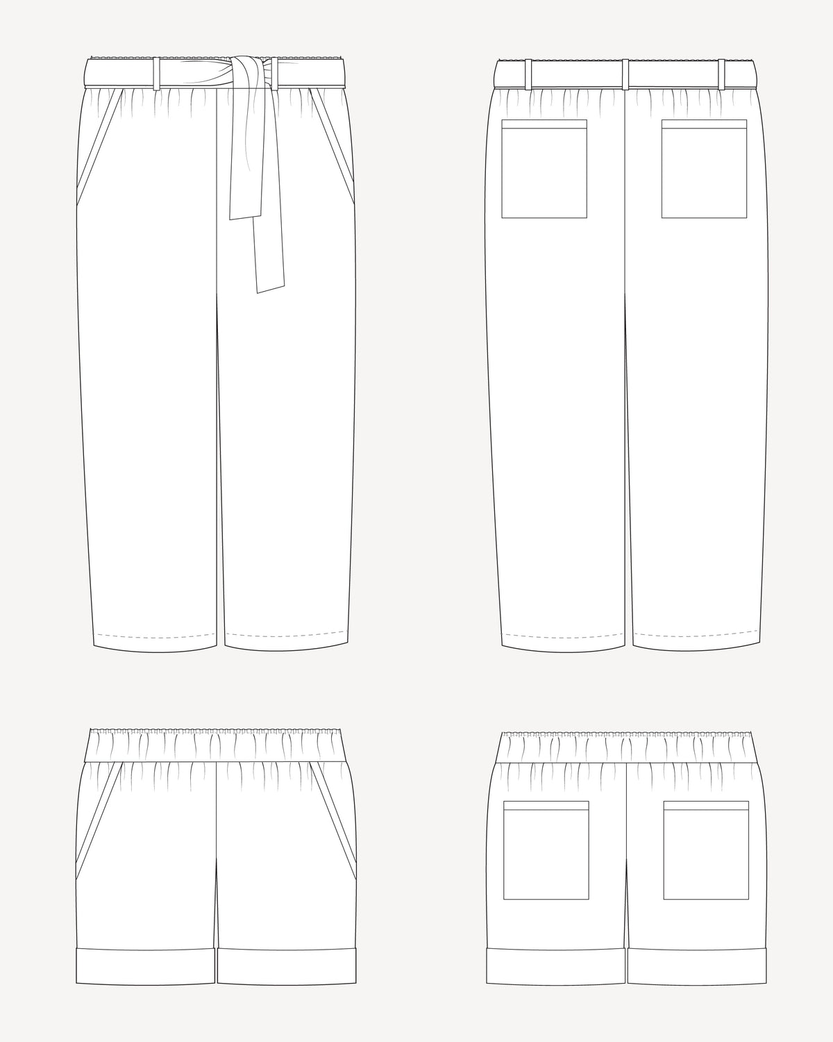 Cashmerette Everett Pants and Shorts PDF sewing pattern, line drawing of a pair of pants with a belt and front pockets