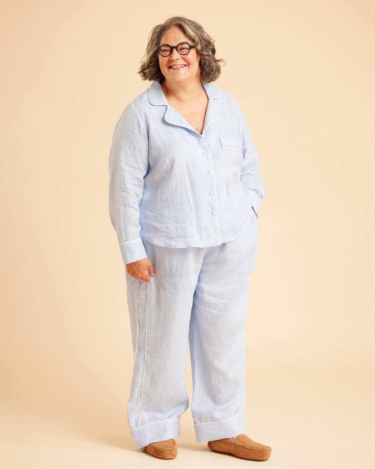 Cashmerette Fiske Sleepwear Set PDF sewing pattern, person wearing a light blue pajama set