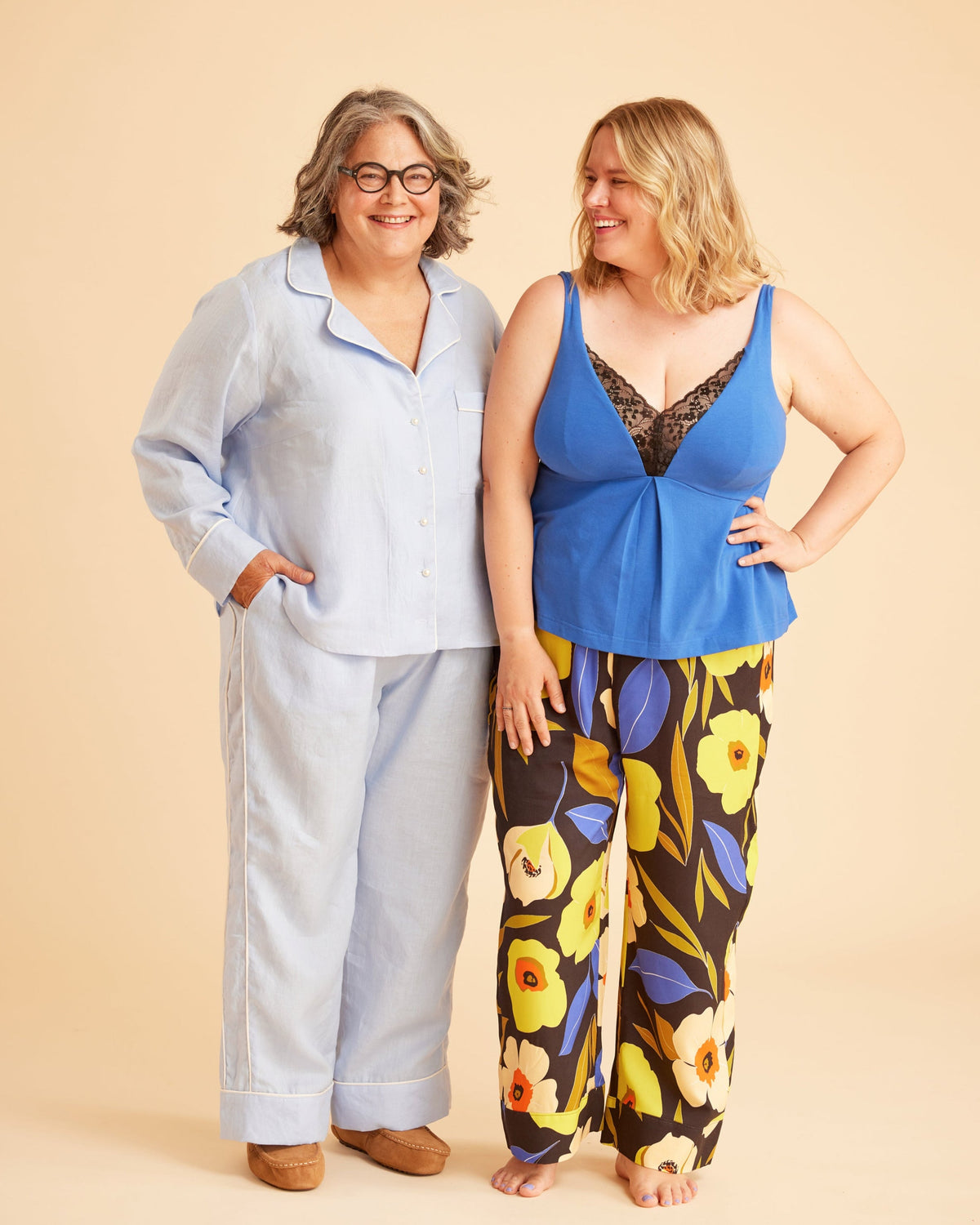 Cashmerette Fiske Sleepwear Set PDF sewing pattern, two women standing side by side, one in light blue outfit and the other in colorful floral pants