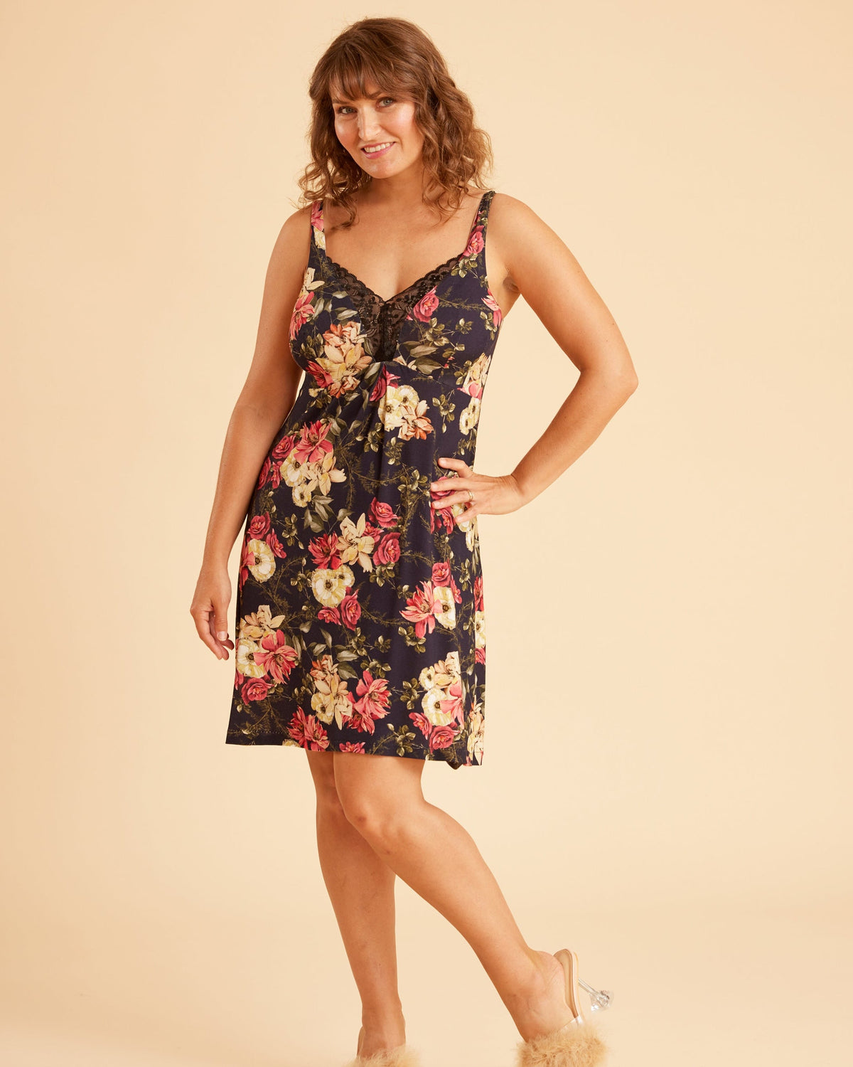 Cashmerette Fiske Sleepwear Set PDF sewing pattern, woman wearing a floral dress, front view
