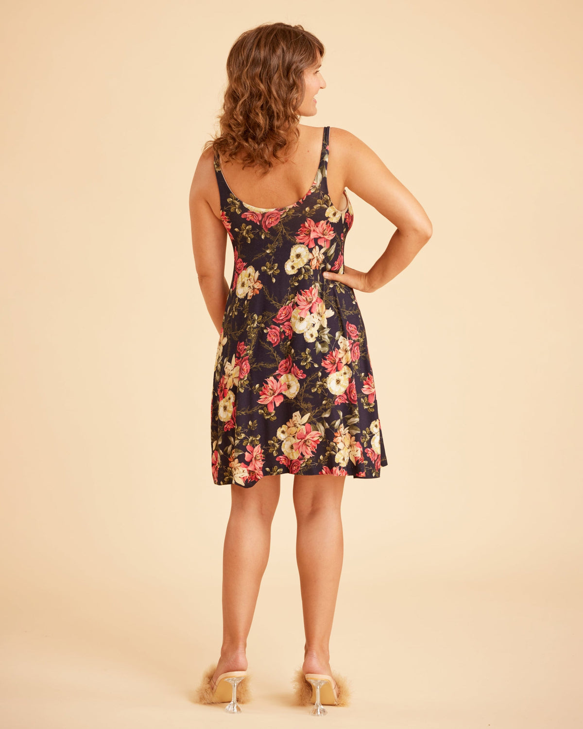 Cashmerette Fiske Sleepwear Set PDF sewing pattern, woman wearing a floral dress, three quarter view
