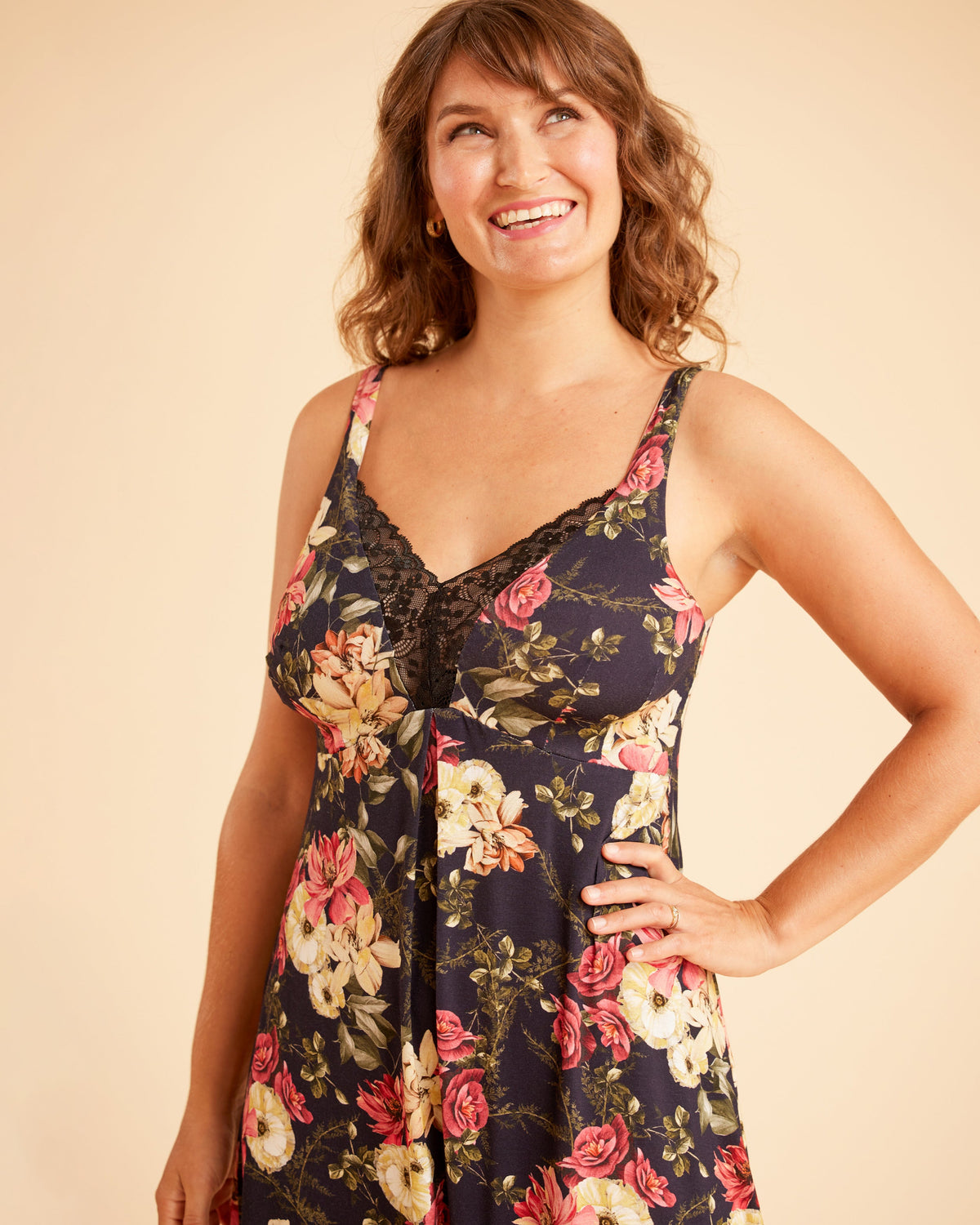 Cashmerette Fiske Sleepwear Set PDF sewing pattern, woman wearing a floral dress, close-up