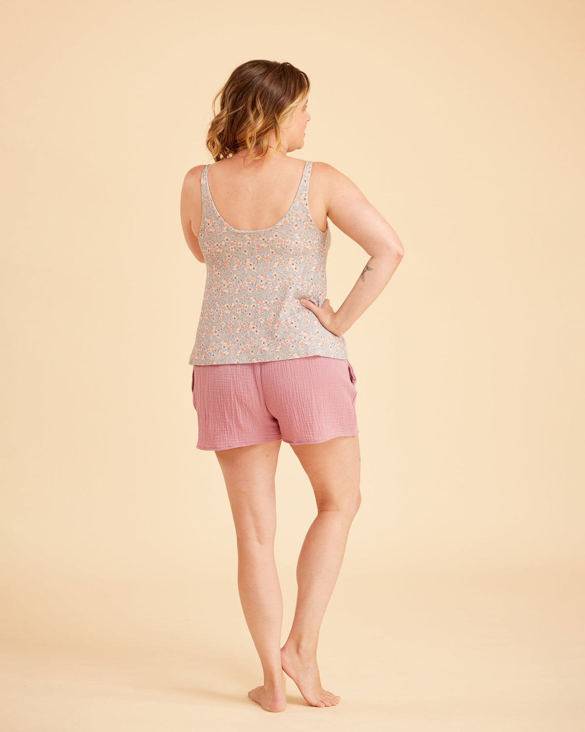 Cashmerette Fiske Sleepwear Set PDF sewing pattern, woman wearing a patterned tank top and pink shorts