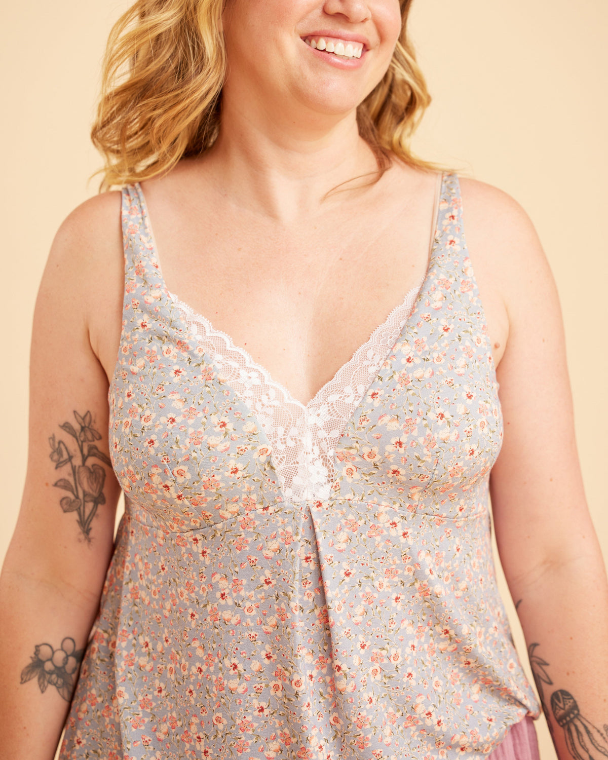 Cashmerette Fiske Sleepwear Set PDF sewing pattern, woman wearing a floral sleeveless top