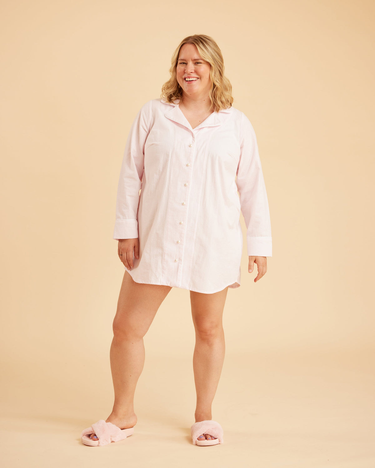 Cashmerette Fiske Sleepwear Set PDF sewing pattern, woman wearing a light pink nightshirt